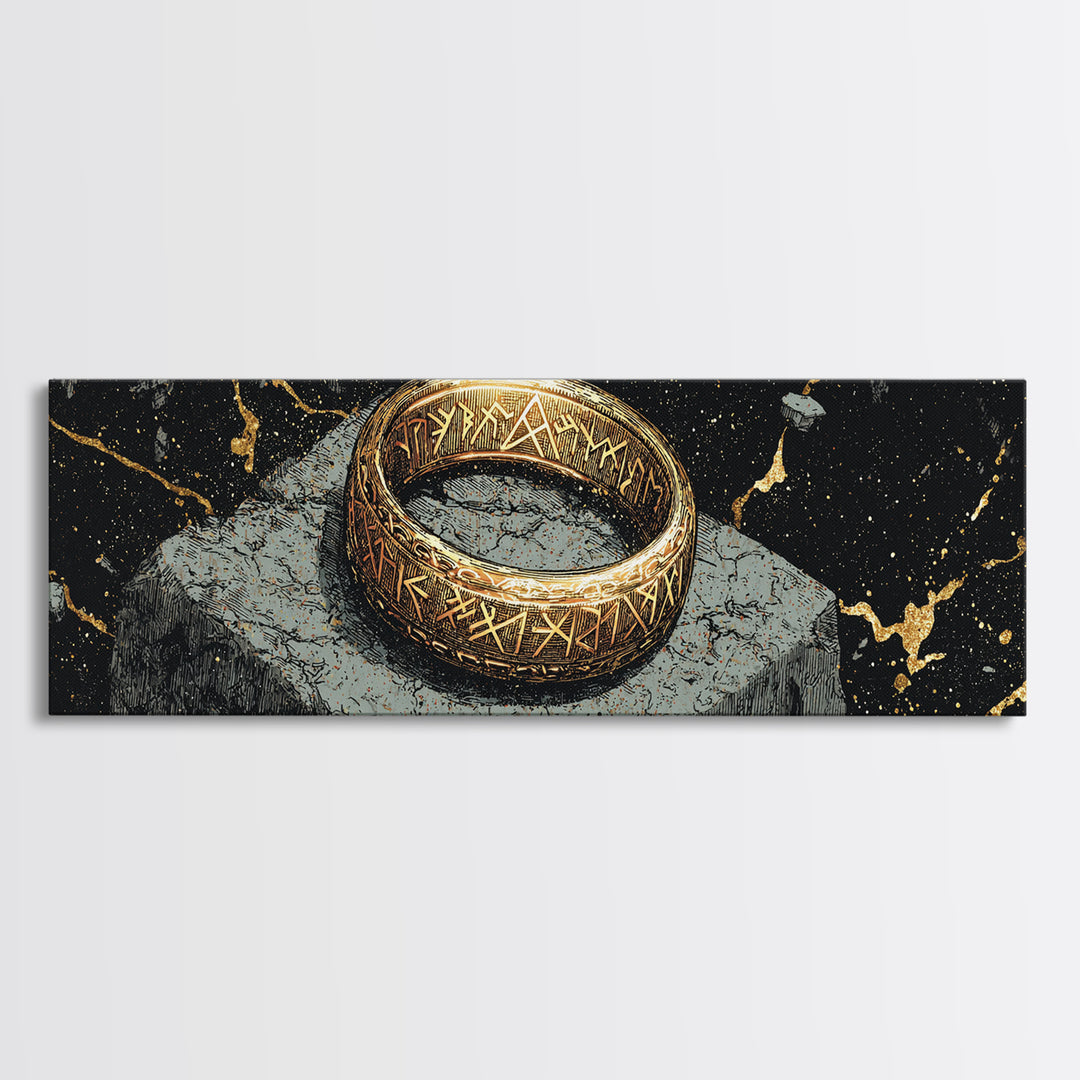 Norse Ring Canvas Gold Art Canvas Art – Nordic Mythology Jewelry Symbol, Viking Inspired Wall Decor Office Gift, natural wood frame