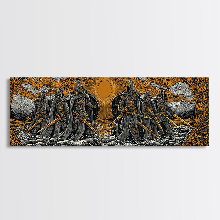 Norse Warriors Canvas Gold Art Canvas Art | Viking Battle Scene Wall Decor framed in natural wood | Man Cave or Office Gift
