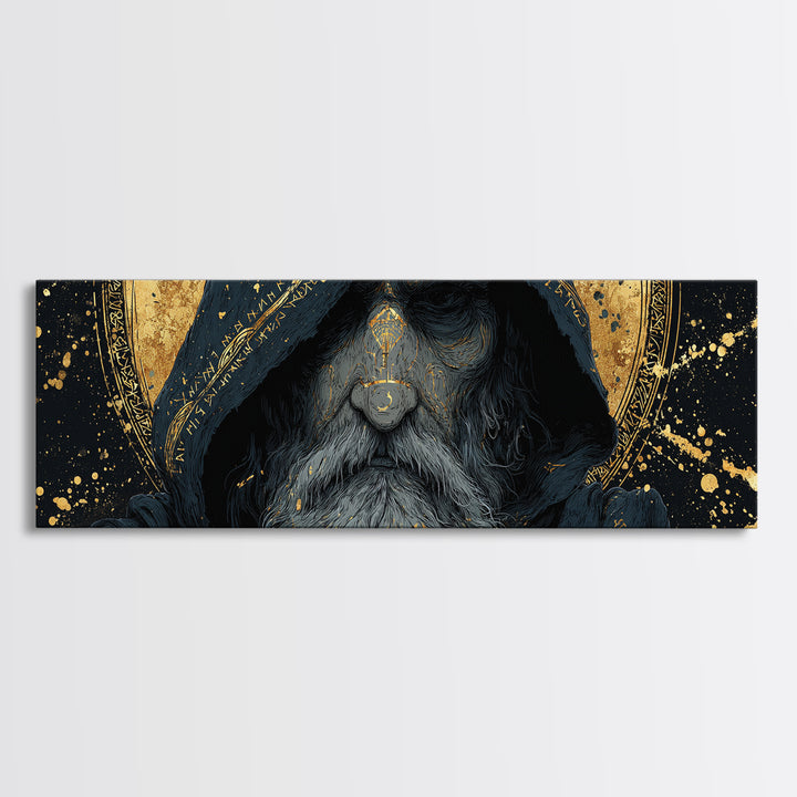 Canvas Gold Art of Odin Canvas Art | Viking God Wall Hanging framed in natural wood | Nordic Decor Gift for Men or Fathers