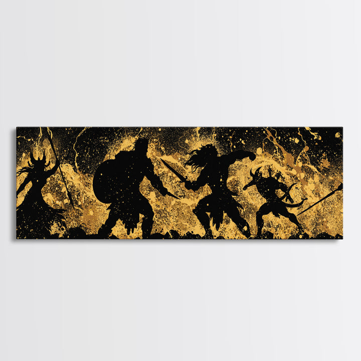 Ragnarok Nordic Myth Canvas Gold Art Canvas Art | Epic Viking Battle Scene Wall Decor with real wood frame | Office or Den Art