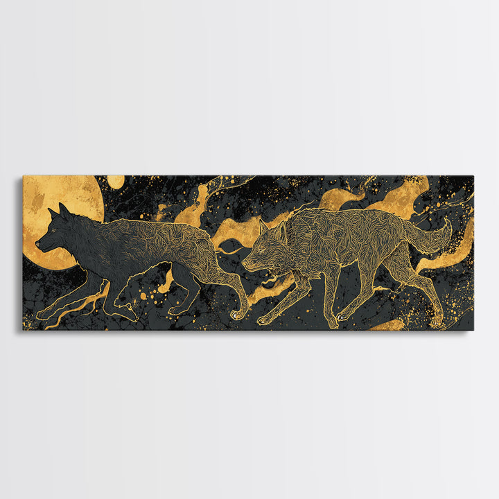 Sköll Wolf Canvas Gold Art Canvas Art | Norse Mythology Wolf of Ragnarok framed in wood | Nordic Decor for Man Cave or Office