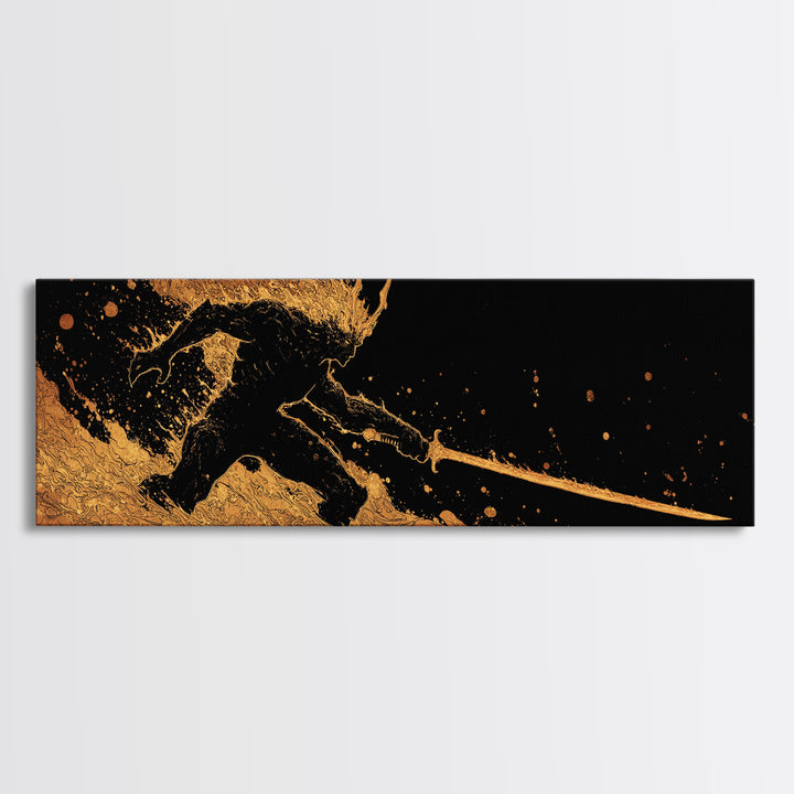 Canvas Gold Art Surtur Canvas Art | Norse Fire Giant Ragnarok Wall Decor framed in natural wood | Nordic Man Cave Office Gift