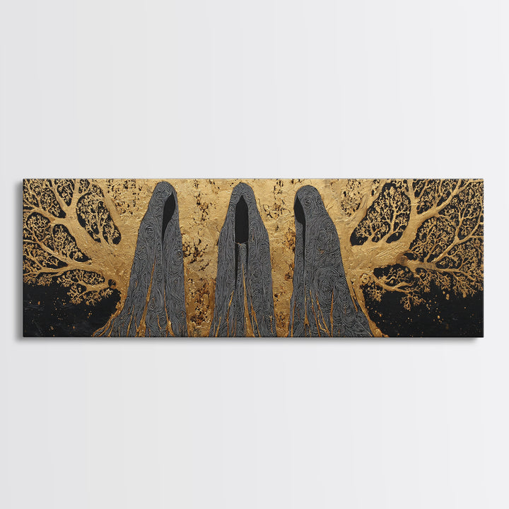 Nordic Norns Destiny Goddesses Canvas Gold Art Canvas Art for Viking Office Decor or Dad Gift, with authentic real wood frame