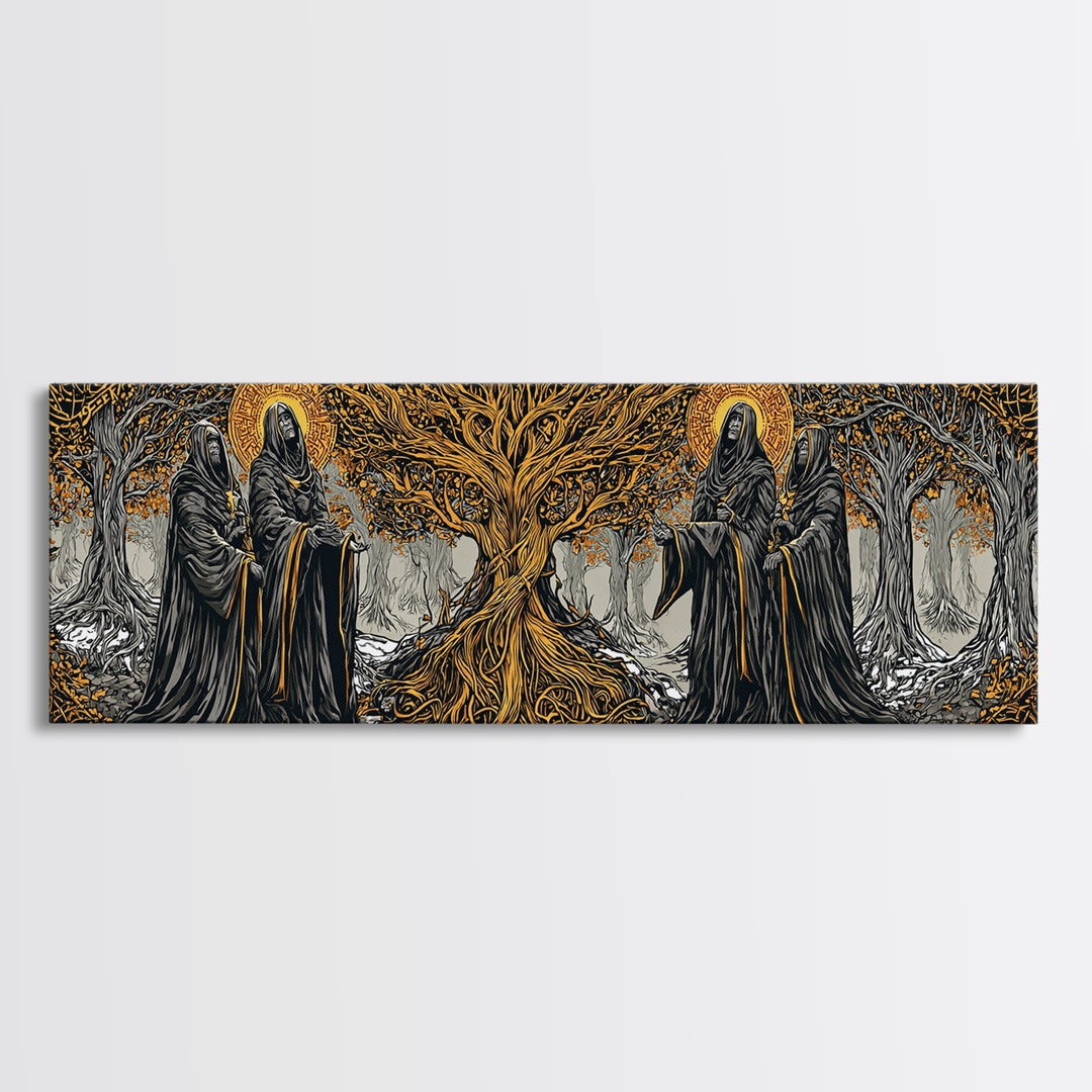 The Norns Canvas Gold Art Norse Mythology Canvas Art Wall Decor for Man Cave or Office, framed in handcrafted real wood