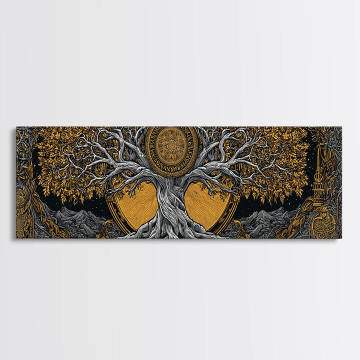 Yggdrasil Cosmic World Tree Canvas Gold Art Canvas Art Norse Decor for Man Cave or Dad Gift, with rustic real wood framing
