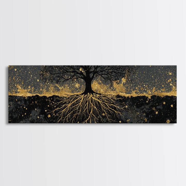 Nordic Tree of Life Yggdrasil Canvas Gold Art Canvas Art Norse Mythology Wall Decor, handcrafted in a premium real wood frame