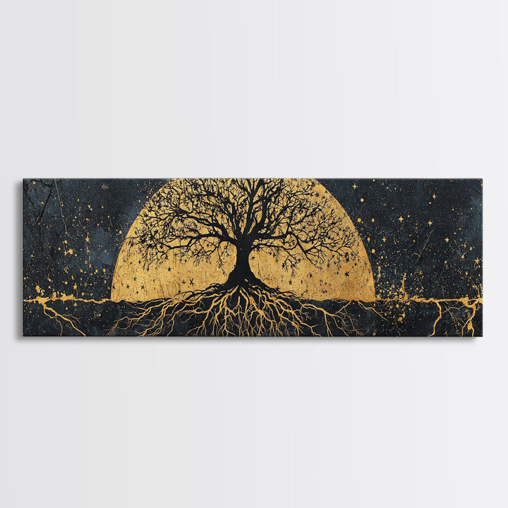 The World Tree Norse Yggdrasil Canvas Gold Art Canvas Art Cosmic Wall Decor for Office or Man Cave, framed in natural wood