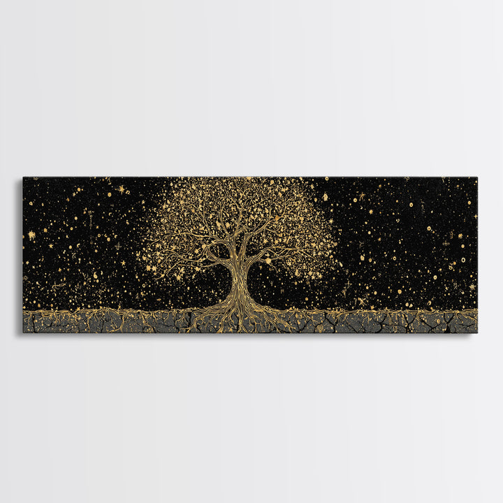 The World Tree Yggdrasil Canvas Gold Art Canvas Art Norse Mythology Wall Decor for Men’s Office, framed in solid natural wood