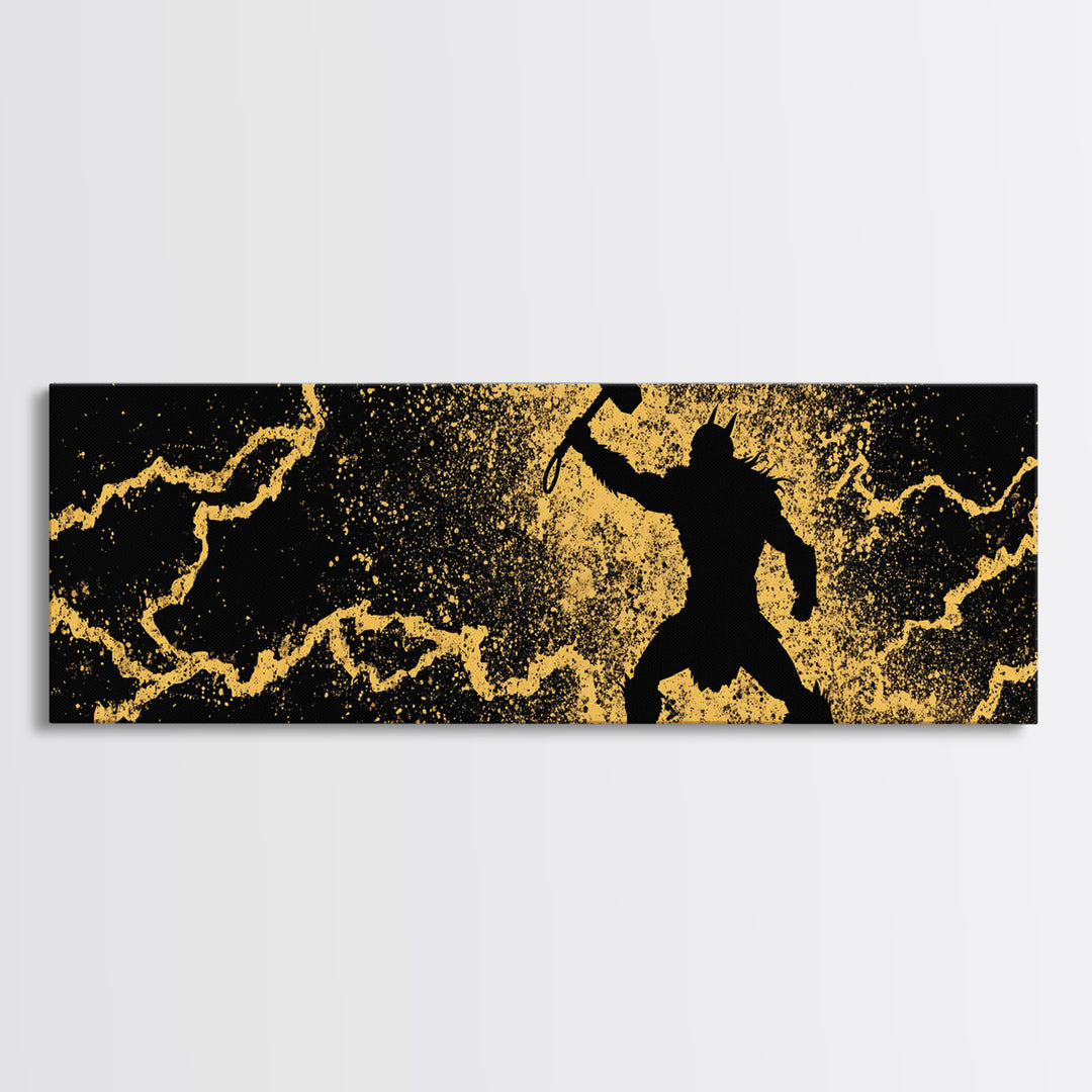 Nordic Thor with Mjolnir Canvas Gold Art Canvas Art Norse Mythology Wall Decor for Men’s Office, set in a real wood frame