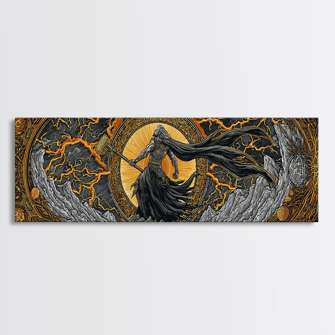 Thor God of Thunder Canvas Gold Art Canvas Art Viking Wall Decor Norse Mythology Decor, with natural handcrafted wood framing
