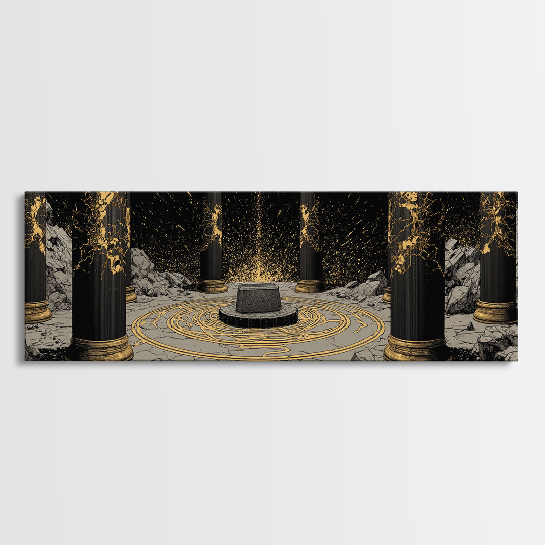 Thor Norse God Canvas Gold Art Canvas Art Viking Wall Decor for Man Cave or Dad Gift, framed in durable handcrafted real wood