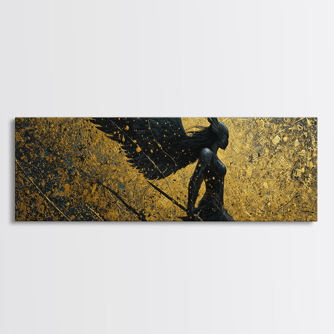 Valkyrie Warrior Canvas Gold Art Nordic Mythology Canvas Art, Office Wall Decor framed in natural wood, Viking Dad Gift