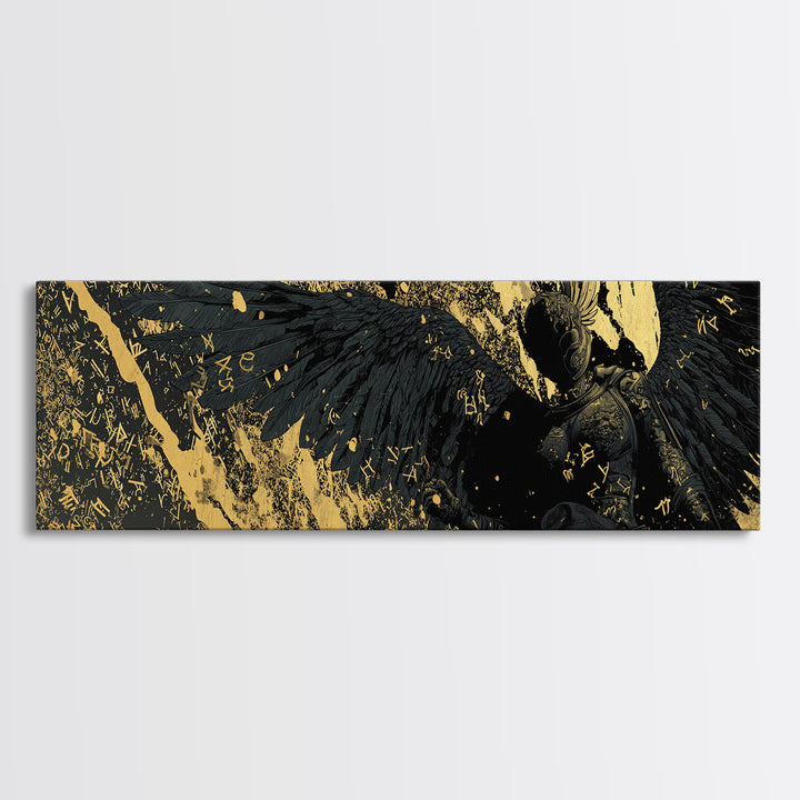 Nordic Valkyrie Canvas Gold Art Canvas Art with Mythology Design, Man Cave Wall Decor in real wood frame, Norse Office Gift