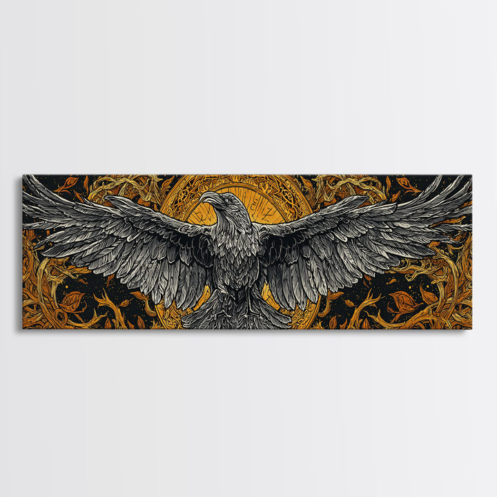 Mythical Valkyrie Helmet Canvas Gold Art Nordic Canvas Art, Norse Wall Hanging for Office or Man Cave framed in real wood