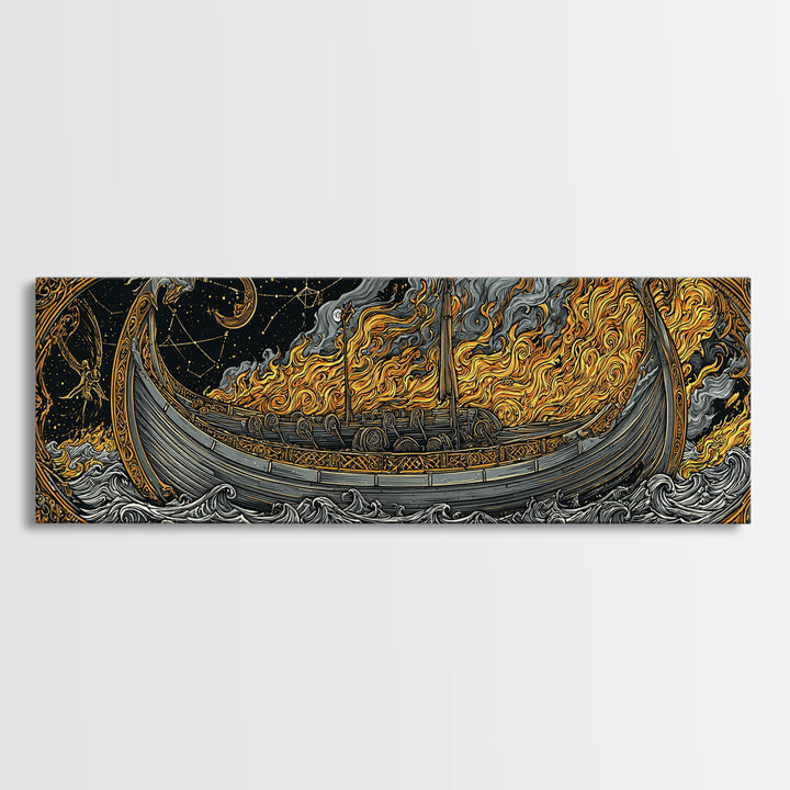 Norse Viking Longship Canvas Gold Art Canvas Art, Mythology Office Wall Decor with real wood frame, Unique Gift for Men