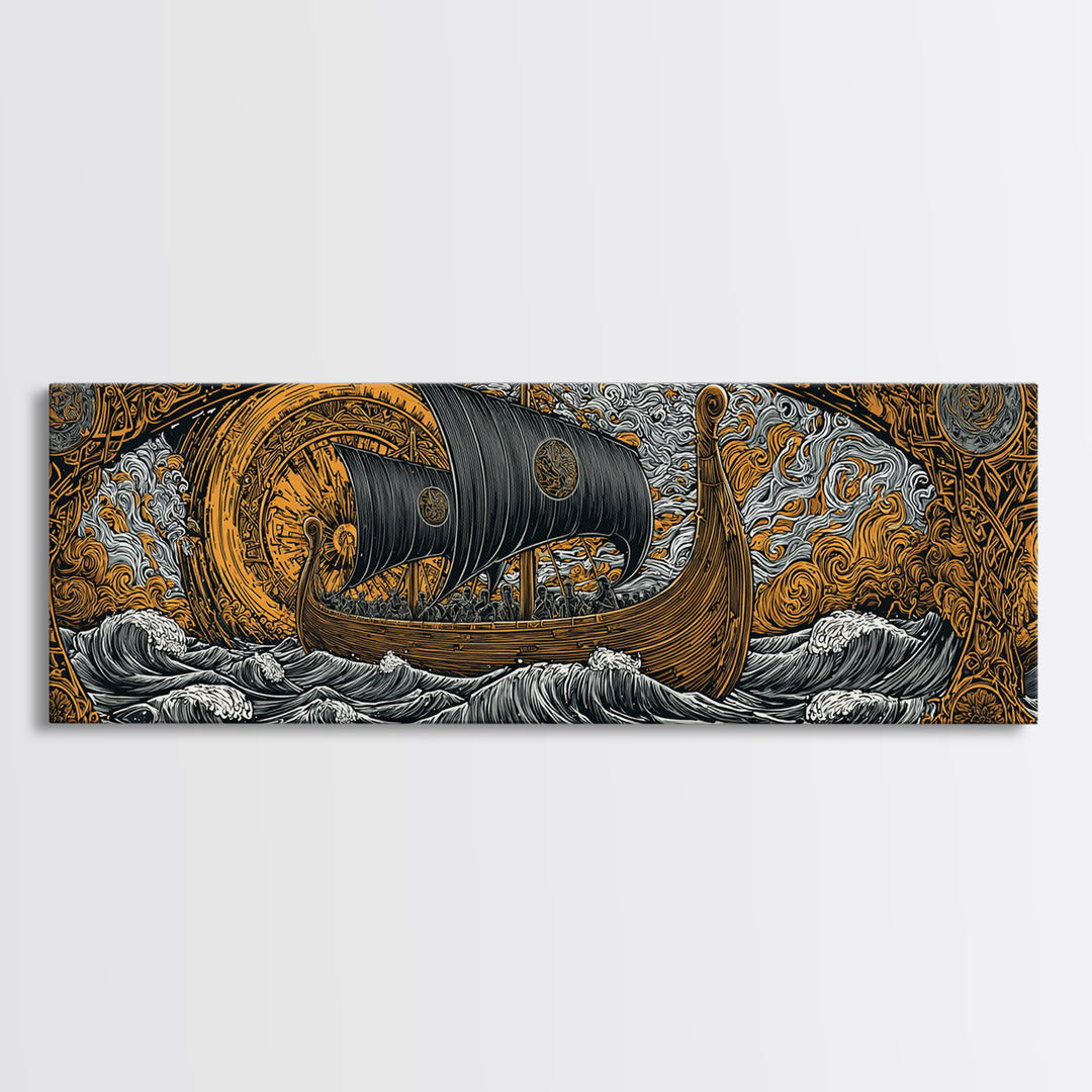 Nordic Viking Helmet Canvas Gold Art Canvas Art, Man Cave Decor in natural wood frame, Mythology Wall Art Office Gift
