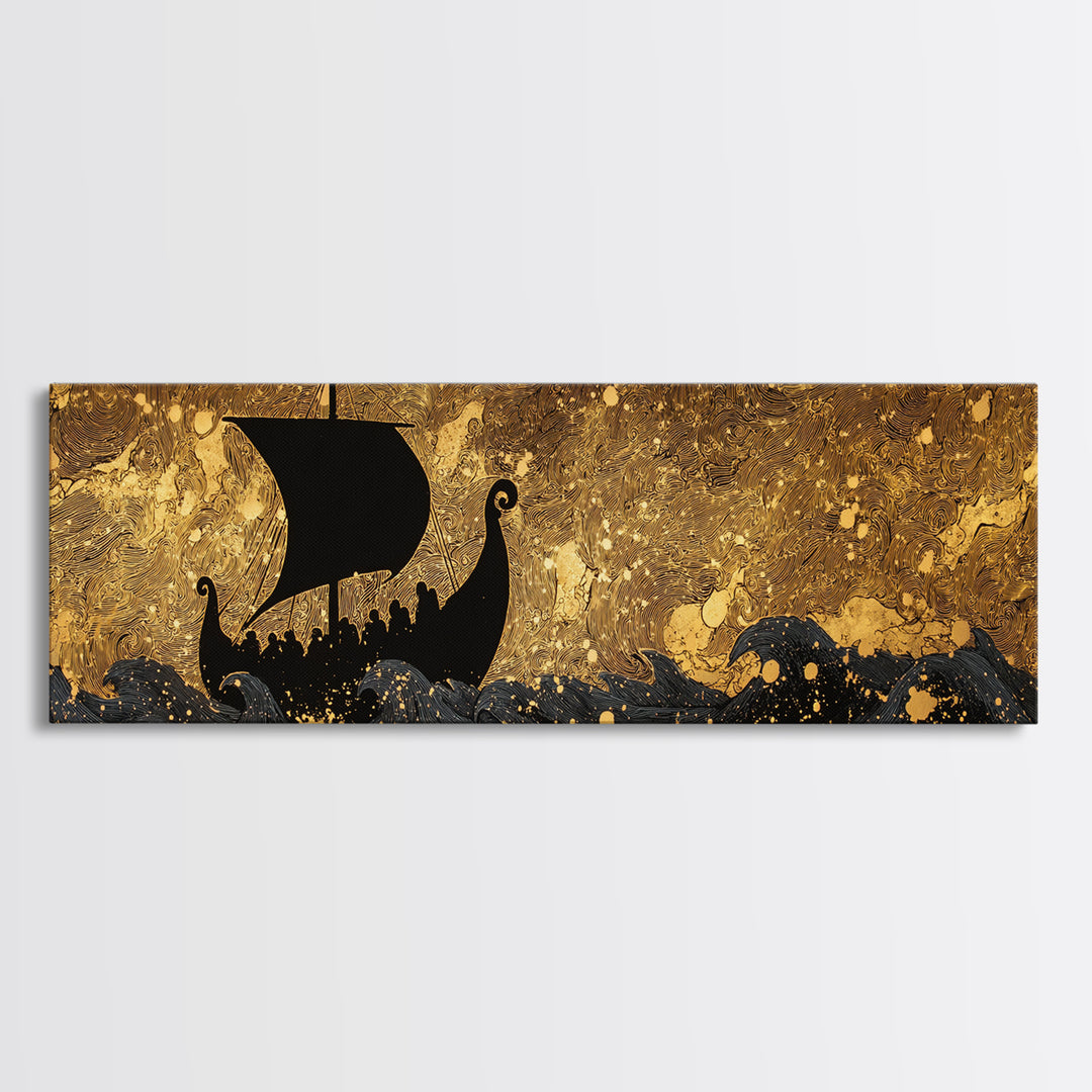 Viking Funerary Ship Canvas Gold Art Norse Mythology Canvas Art, Office Wall Decor framed in real wood, Dad Gift Man Cave