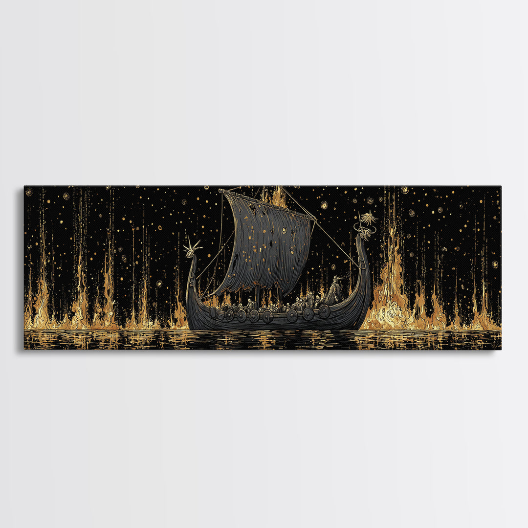 Nordic Viking Warriors Canvas Gold Art Canvas Art, Mythology Office Wall Hanging in natural wood frame, Gift for Him Decor