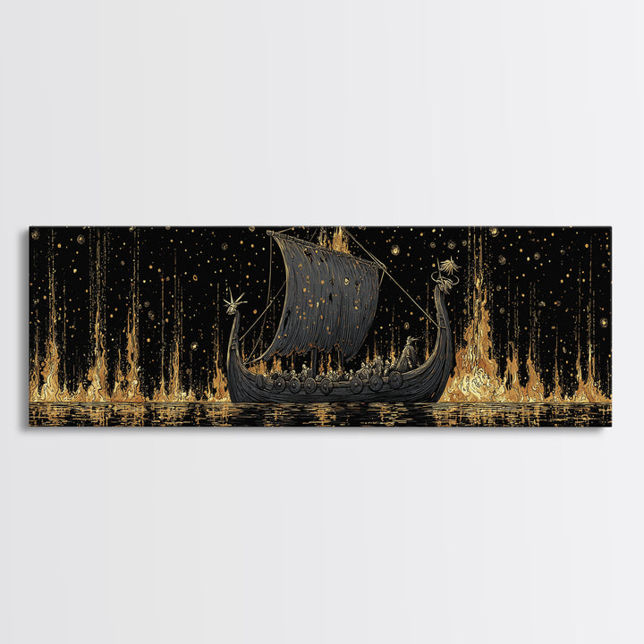 Nordic Viking Warriors Canvas Gold Art Canvas Art, Mythology Office Wall Hanging in natural wood frame, Gift for Him Decor