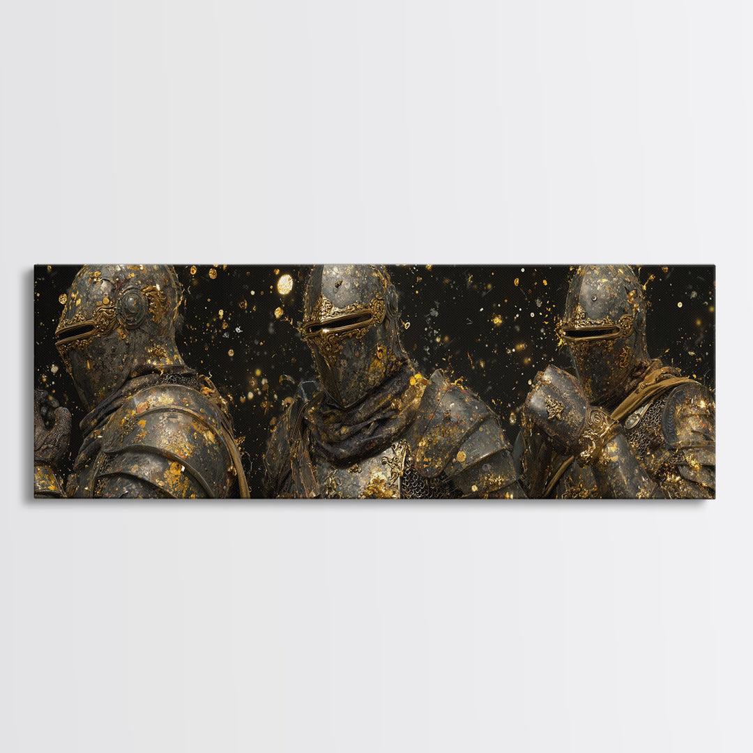 Viking Ship Canvas Gold Art Norse Mythology Canvas Art, Office Wall Decor framed in natural wood, Man Cave Gift for Him