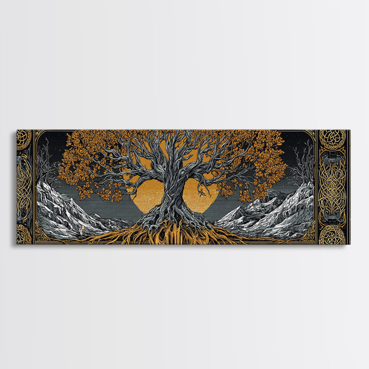 Yggdrasil Canvas Gold Art Nordic Wall Decor, Viking Mythology Canvas Art Framed in Natural Wood, Man Cave or Office Art