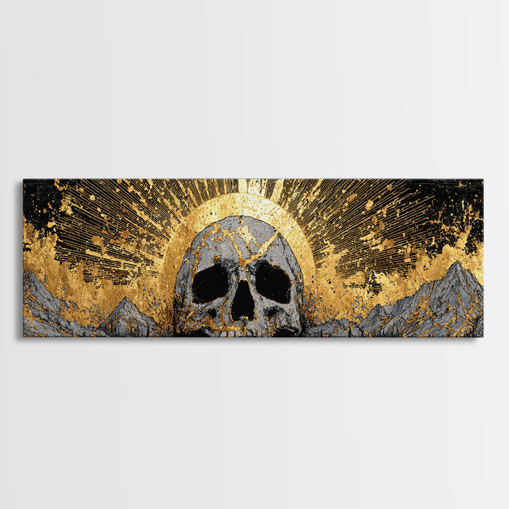Nordic Mythology Canvas Gold Art, Ymir Skull Landscape Canvas Art with Natural Wood Frame, Viking Man Cave Wall Decor