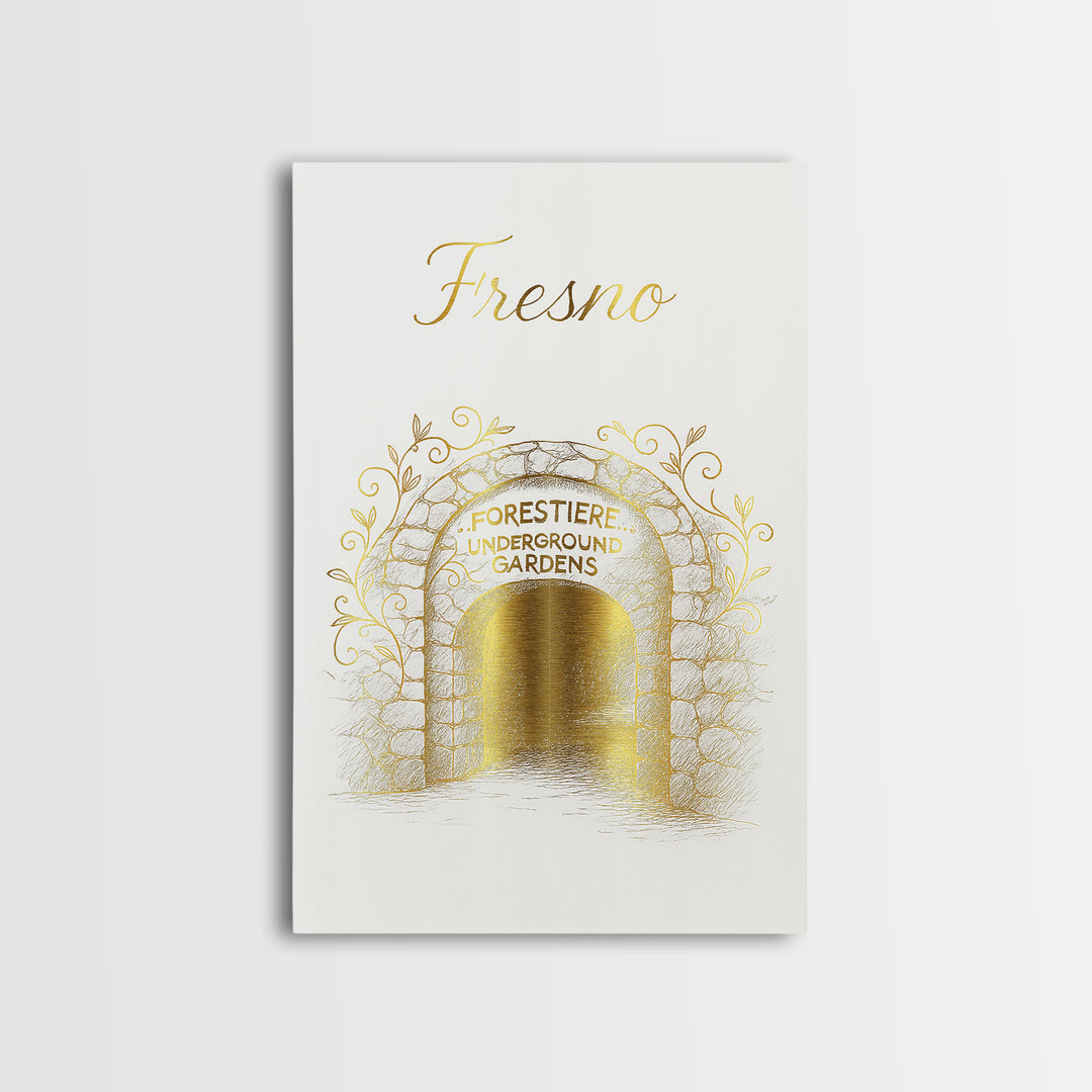 Fresno Travel Poster, Framed Canvas Print, Gold Outline Poster Art, Fresno Poster Print, Mid Century Wall Art, Gift For Travelers