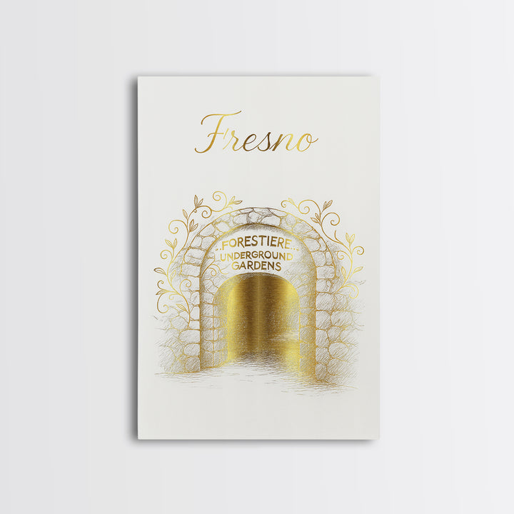 Fresno Travel Poster, Framed Canvas Print, Gold Outline Poster Art, Fresno Poster Print, Mid Century Wall Art, Gift For Travelers