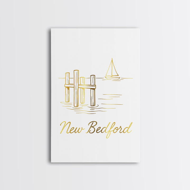 New Bedford Travel Poster, Framed Canvas Print, Minimalist Gold Line Art, New Bedford Travel Art, Living Room Wall Art, Modern Wall Decor