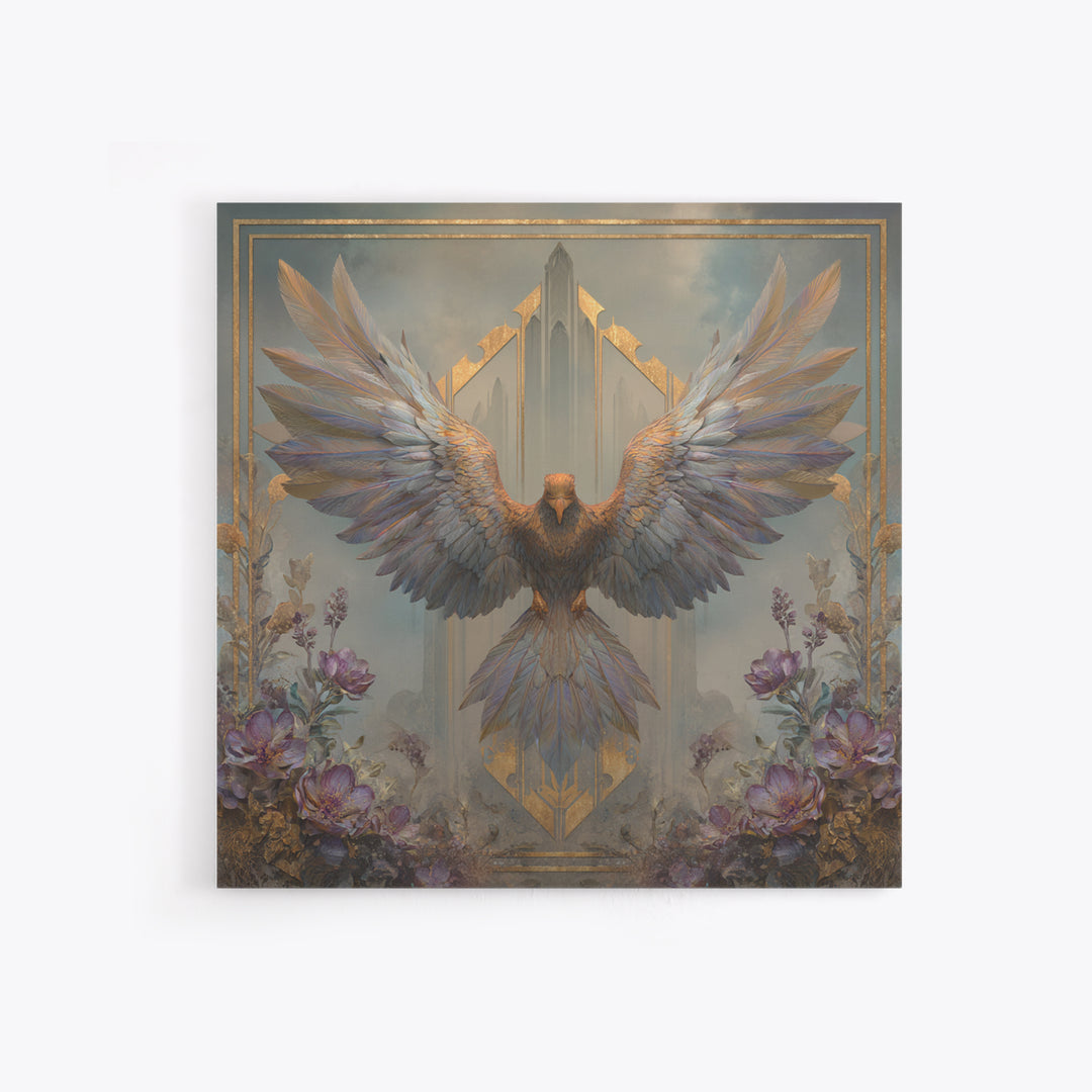 Icarus Falling Through Golden Sky and Feathers Framed Canvas Print, Mythological Art, Living Room Decor, Fine Art, Legend, MYT-1x1-52