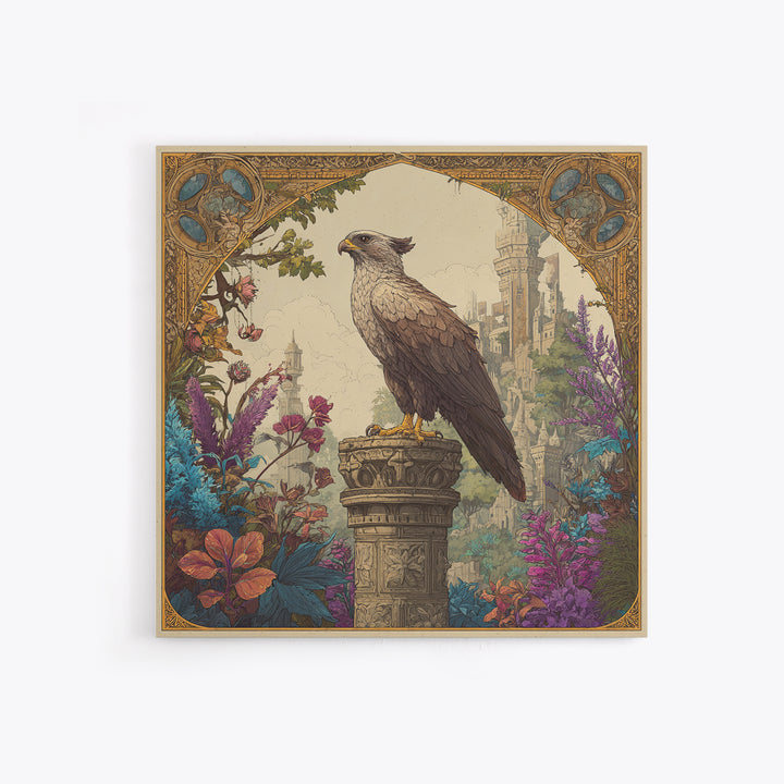 Griffin Perched on Ancient Stone Column Canvas Print, Mythological Art, Neutral Decor, Living Room Decor, Fine Art, Legend, MYT-1x1-86