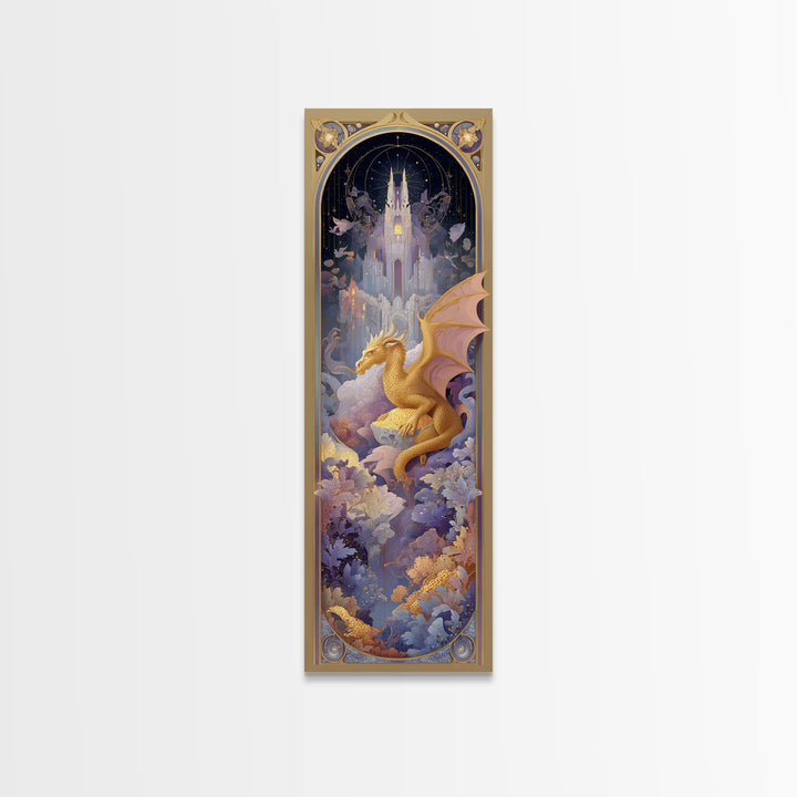 Dragon Guarding a Hoard of Ancient Gold Framed Canvas Print, Mythological Art, Framed Wall Art, Living Room Decor, Legend, MYT-1x3-80