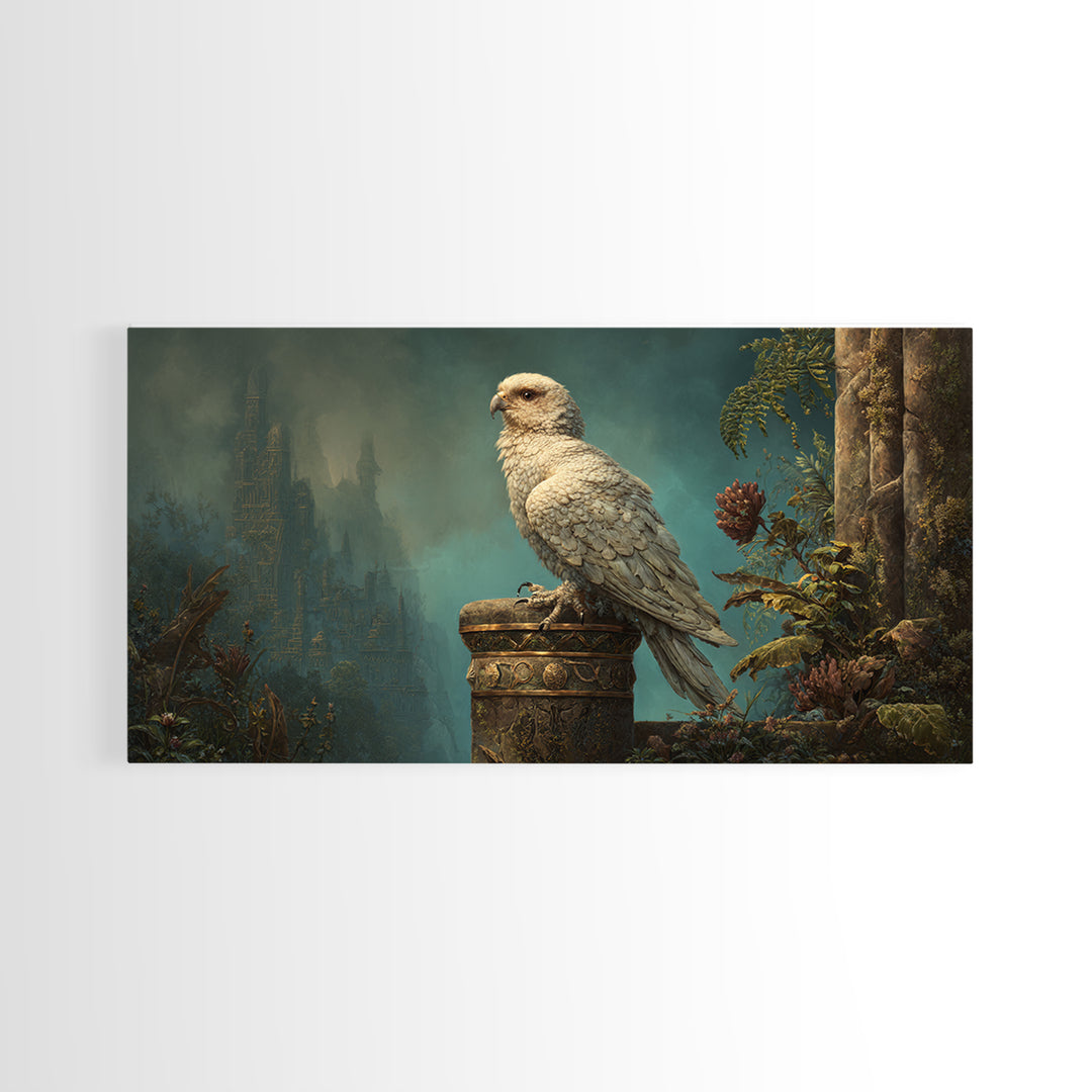 Griffin Perched on Ancient Stone Column Framed Canvas Print, Mythological Art, Luxury Decor, Living Room Decor, Legend, MYT-2x1-34