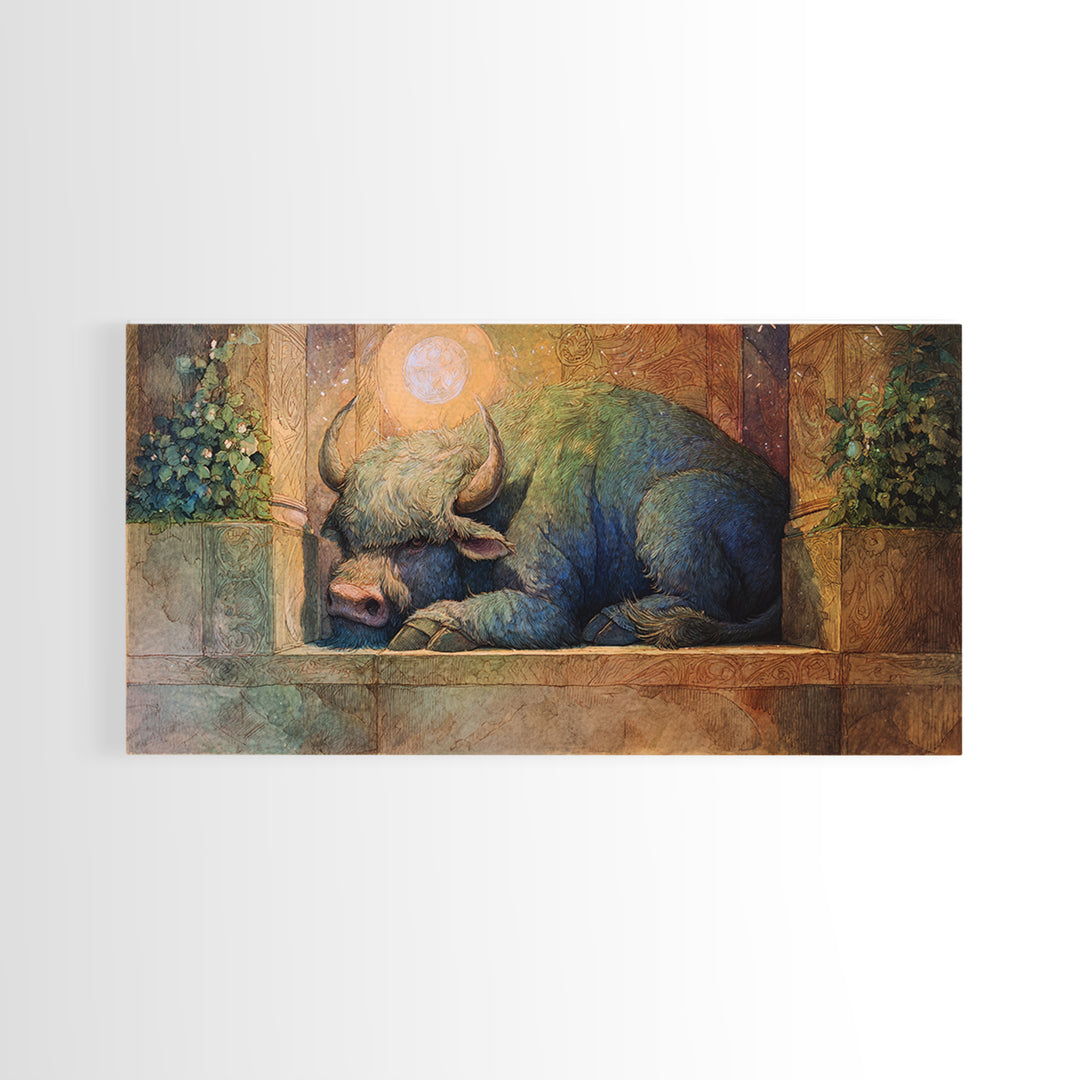 Minotaur in Labyrinth of Warm Stone Framed Canvas Print, Mythological Art, Minimalist Decor, Living Room Decor, Legend, MYT-2x1-37