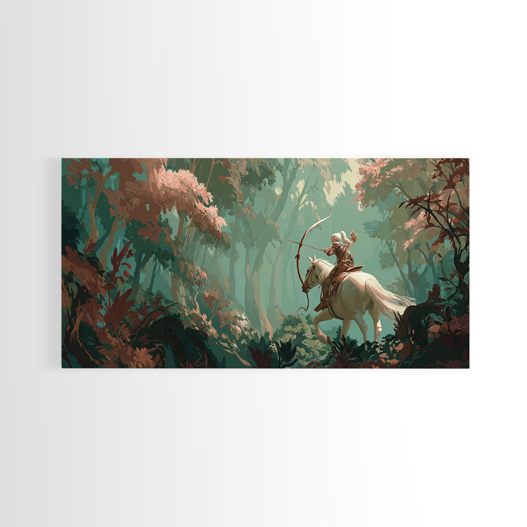 Centaur Archer in Misty Forest Framed Canvas Print, Mythological Art, Prints, Living Room Decor, Legend, Dark Academia Decor, MYT-2x1-60