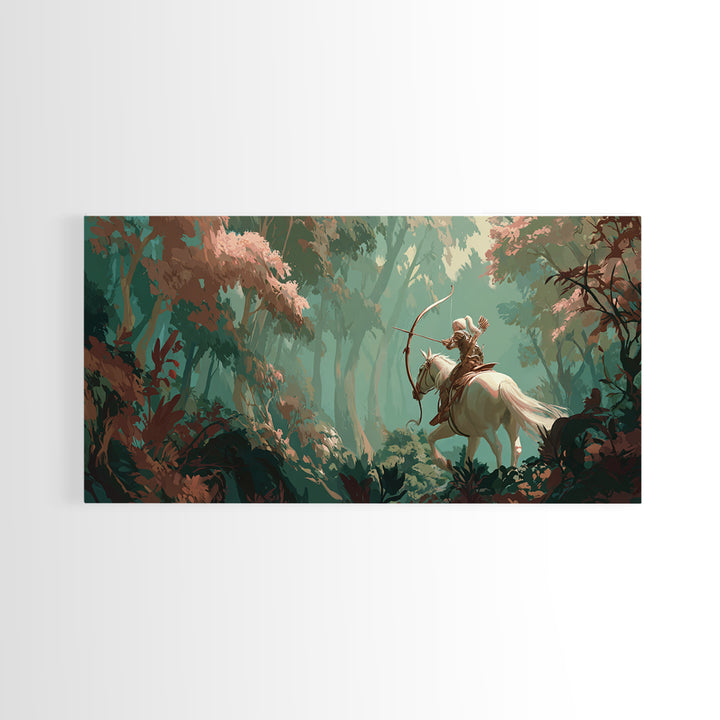 Centaur Archer in Misty Forest Framed Canvas Print, Mythological Art, Prints, Living Room Decor, Legend, Dark Academia Decor, MYT-2x1-60