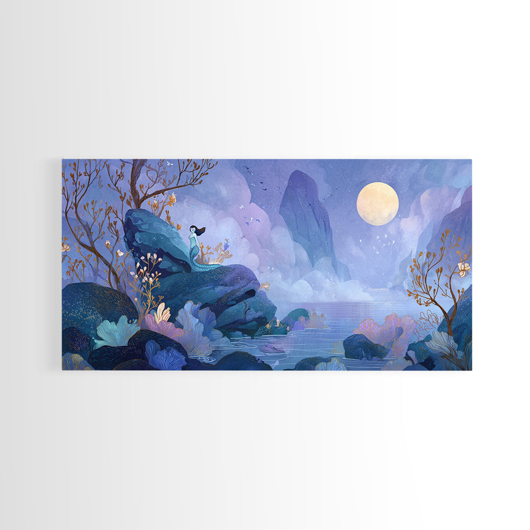 Mermaid Siren on Rocks Framed Canvas Print, Mythological Art, Contemporary Art, Living Room Decor, Legend, Digital Wall Art, MYT-2x1-83