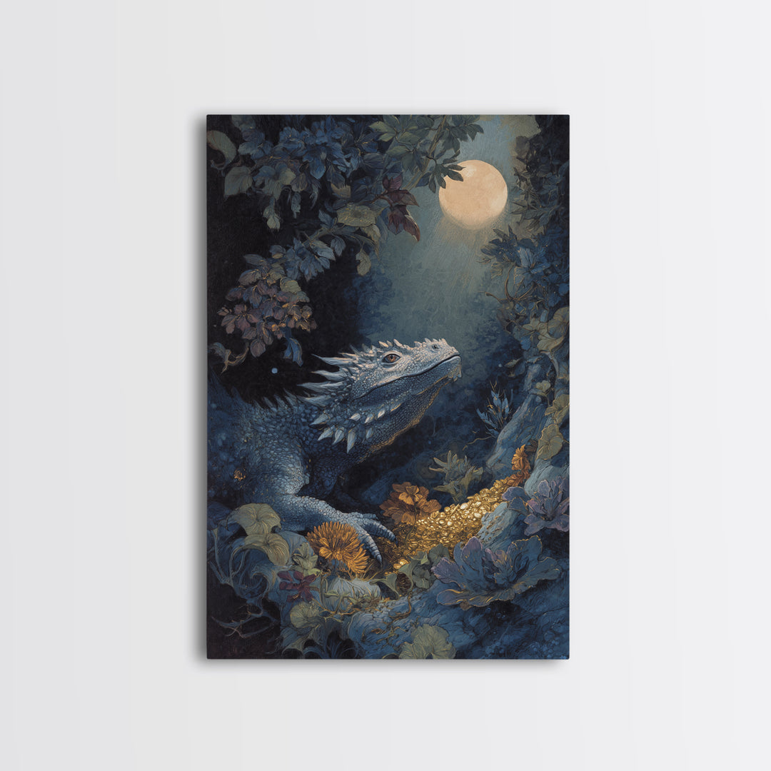 Dragon Guarding a Hoard of Ancient Gold Framed Canvas Print, Mythological Art, Luxury Decor, Living Room Decor, Legend, MYT-2x3-100