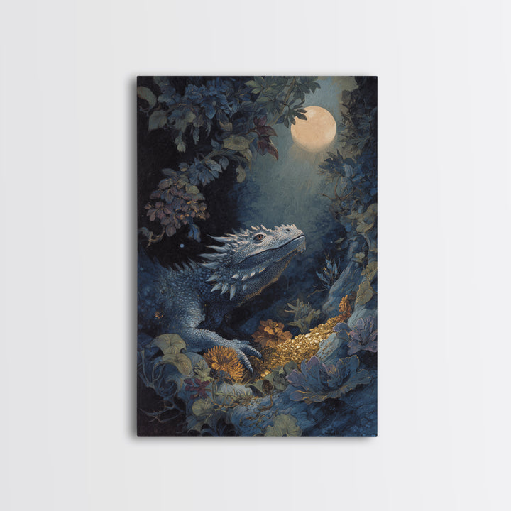 Dragon Guarding a Hoard of Ancient Gold Framed Canvas Print, Mythological Art, Luxury Decor, Living Room Decor, Legend, MYT-2x3-100