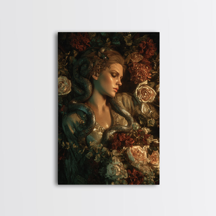 Medusa Portrait with Serpents and Tragic Beauty Framed Canvas Print, Mythological Art, Art Print, Living Room Decor, Legend, MYT-2x3-33