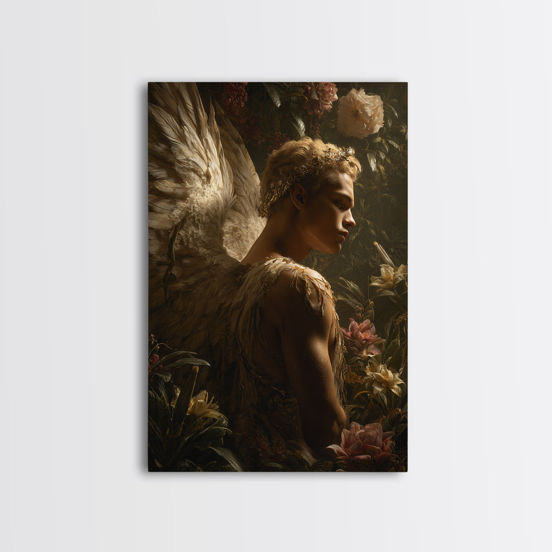 Icarus Falling Through Golden Sky and Feathers Canvas Print, Mythological Art, Living Room Wall Art, Living Room Decor, Legend, MYT-2x3-36