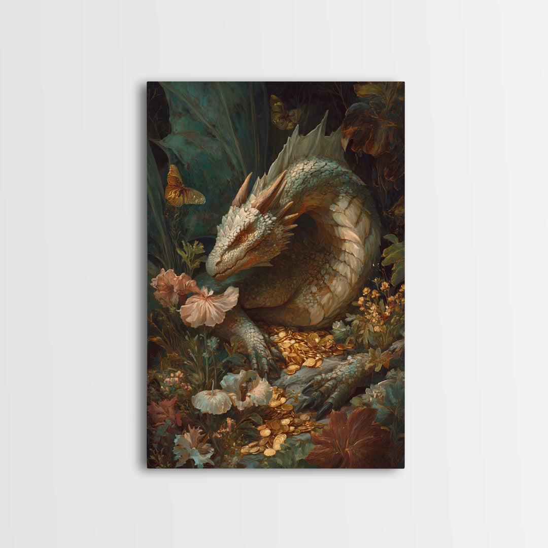 Dragon Guarding a Hoard of Ancient Gold Framed Canvas Print, Mythological Art, Fine Art Print, Living Room Decor, Legend, MYT-2x3-4