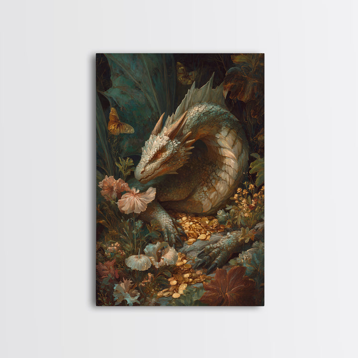 Dragon Guarding a Hoard of Ancient Gold Framed Canvas Print, Mythological Art, Fine Art Print, Living Room Decor, Legend, MYT-2x3-4