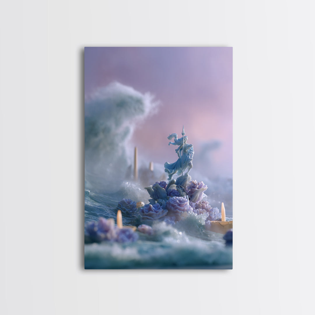 Poseidon Figure Rising from Stormy Ocean Framed Canvas Print, Mythological Art, Art, Living Room Decor, Oil Painting, Legend, MYT-2x3-59