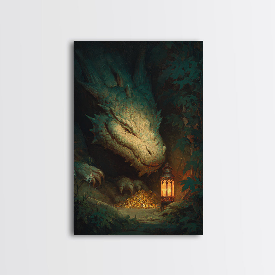 Dragon Guarding a Hoard of Ancient Gold Framed Canvas Print, Mythological Art, Gothic Home Decor, Living Room Decor, Legend, MYT-2x3-76