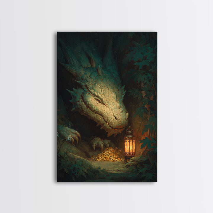 Dragon Guarding a Hoard of Ancient Gold Framed Canvas Print, Mythological Art, Gothic Home Decor, Living Room Decor, Legend, MYT-2x3-76