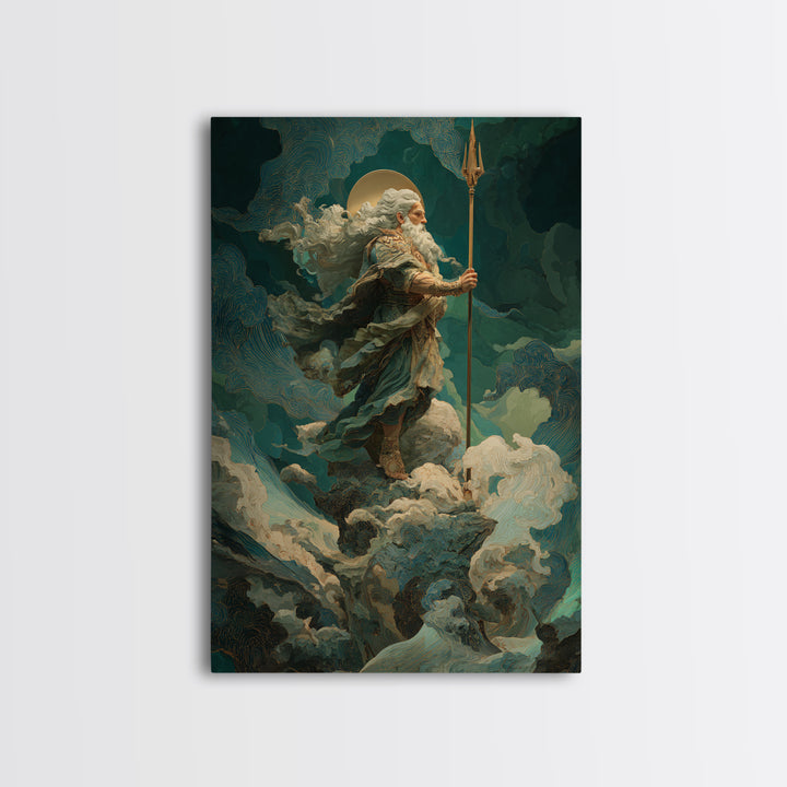 Poseidon Figure Rising from Stormy Ocean Framed Canvas Print, Mythological Art, Portrait, Living Room Decor, Fine Art, Legend, MYT-2x3-83