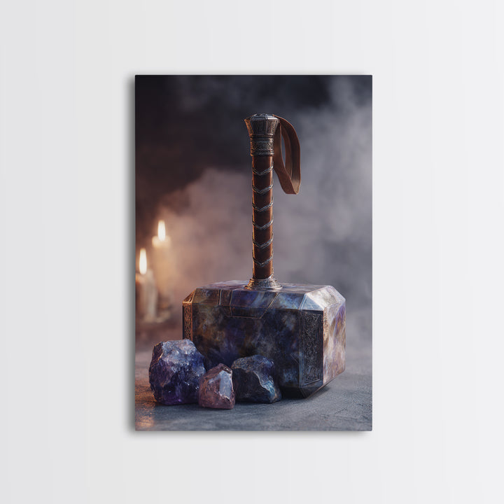 Thor Hammer and Lightning Still Life Framed Canvas Print, Mythological Art, Print, Living Room Decor, Fine Art, Legend, MYT-2x3-90