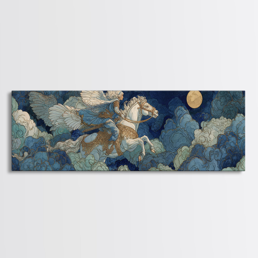 Norse Valkyrie Riding Through Storm Clouds Canvas Print, Mythological Art, Dark Academia Decor, Living Room Decor, Abstract Art, MYT-3x1-25
