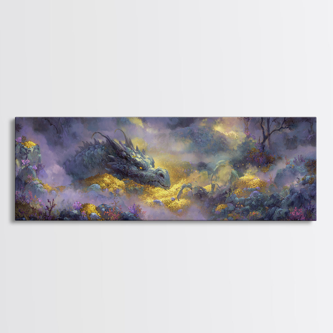 Dragon Guarding a Hoard of Ancient Gold Canvas Print, Mythological Art, Digital Art Download, Living Room Decor, Legend, MYT-3x1-36